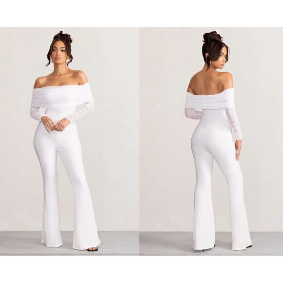 Club L London Whisper White Ruched Mesh Bardot Jumpsuit Size 8 - Picture 1 of 5